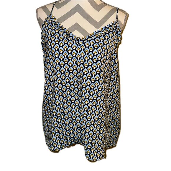 NWT Halogen Blue Art Deco Metric Print Ruffle Triangle V Neck Tank Top Large - Picture 11 of 11
